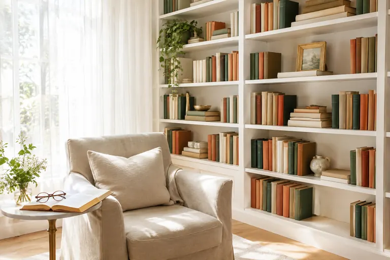 Coin de bibliothèque lumineux avec reliures vert sauge, terracotta et crème et un fauteuil de lin